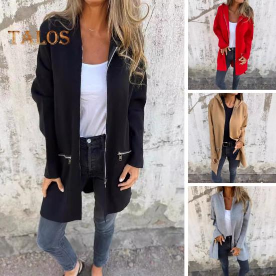 Women Jacket Windbreaker Style Hooded Zippered Pockets Solid Color Zipper Closure Thermal Long-Sleeved Biking Hiking Workout Spring Fall Winter Coat