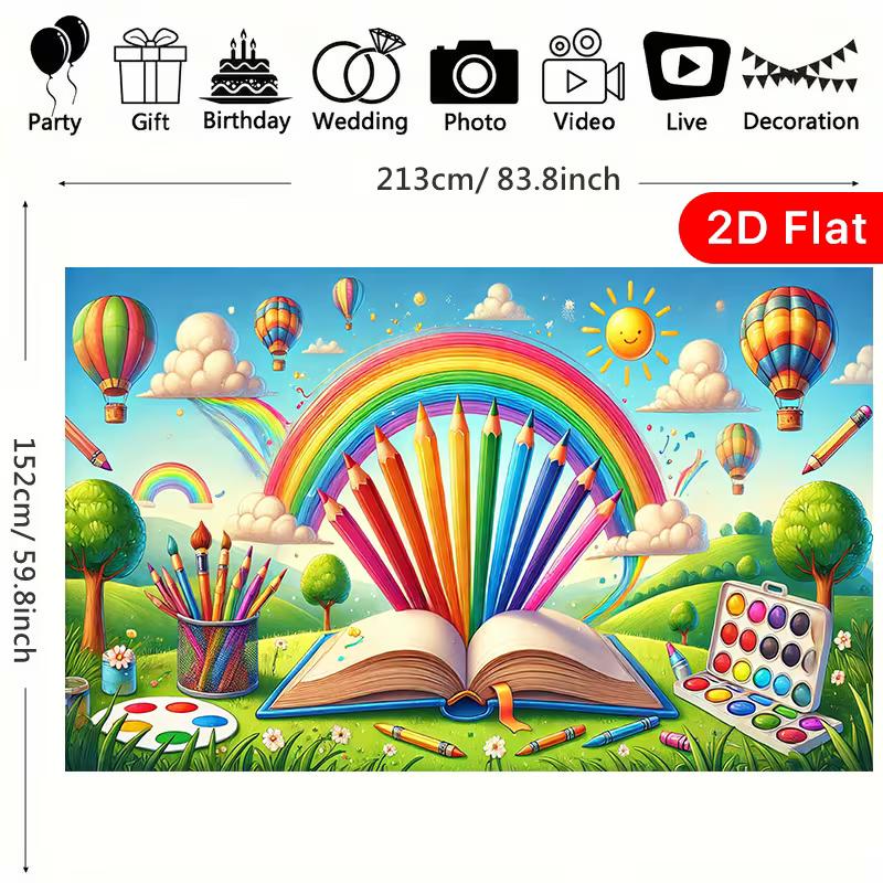 2D Flat Classroom Backdrop, Open Book with Rainbow Pencils & Hot Air Balloon Photo Background