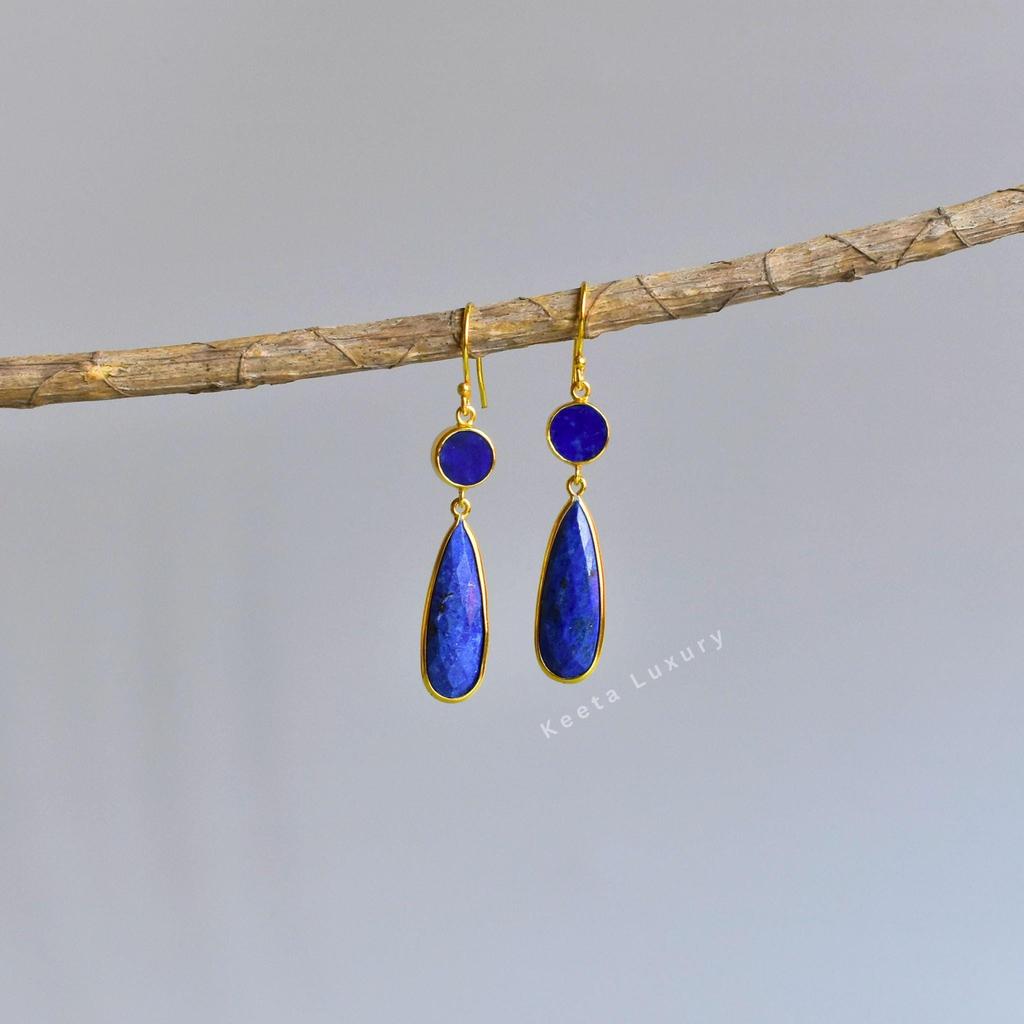 Natural Lapis Lazuli Dangler, 14K Gold Vermeil Handmade Jewelry, Blue Gemstone Bohemian Earrings for Women, Unique Wedding Bridal Gift Ideas