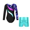 Girls Dance Set Long Sleeve Leotard Shiny Rhinestones Printed Patchwork Design Metallic High Waist Shorts