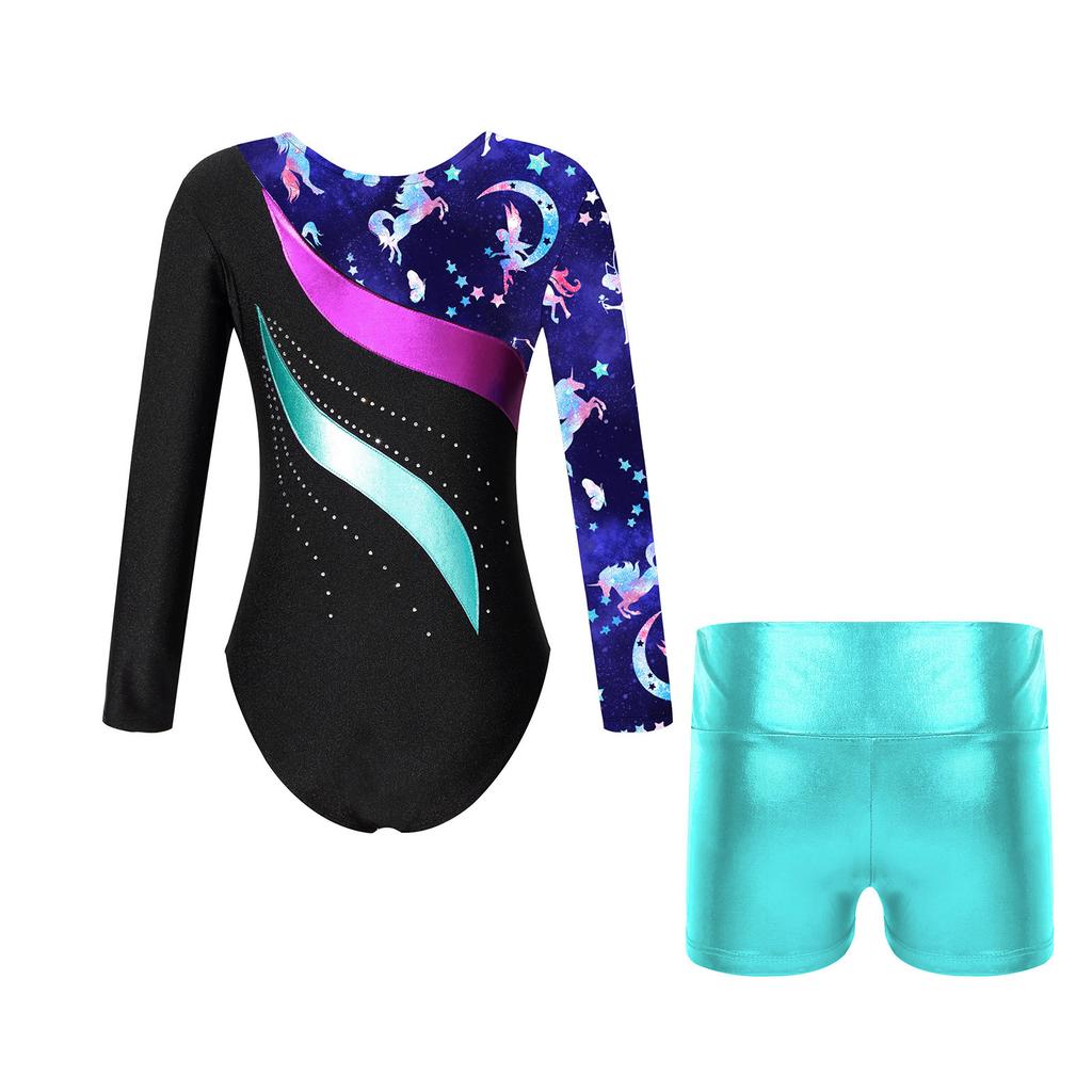 Girls Dance Set Long Sleeve Leotard Shiny Rhinestones Printed Patchwork Design Metallic High Waist Shorts