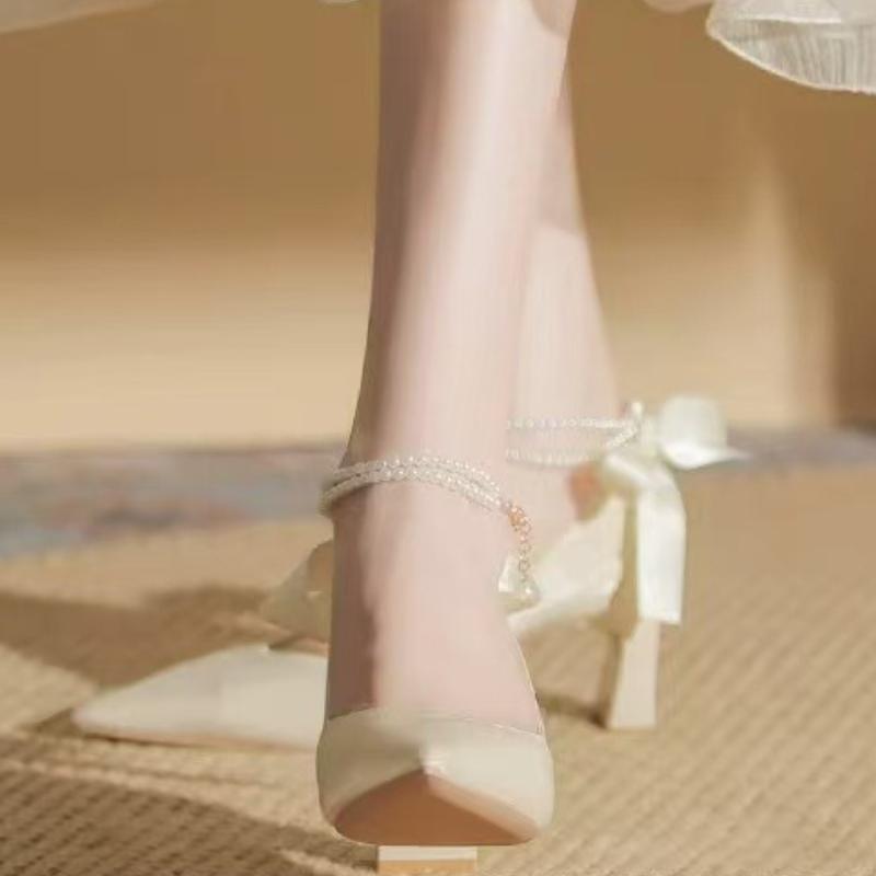 Woman Footwear Beige Pearl Wedding Bride Shoe High Heels Pointed Toe Block Heel Shoes for Women Non Slip Fashion High Heels