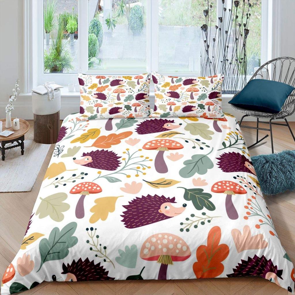 Lovely Hedgehog Duvet Cover Teens Full Runing Animals Bedding Set Modern Field Path Soft Cute Hedgehog Printed 3pcs Bedding Set