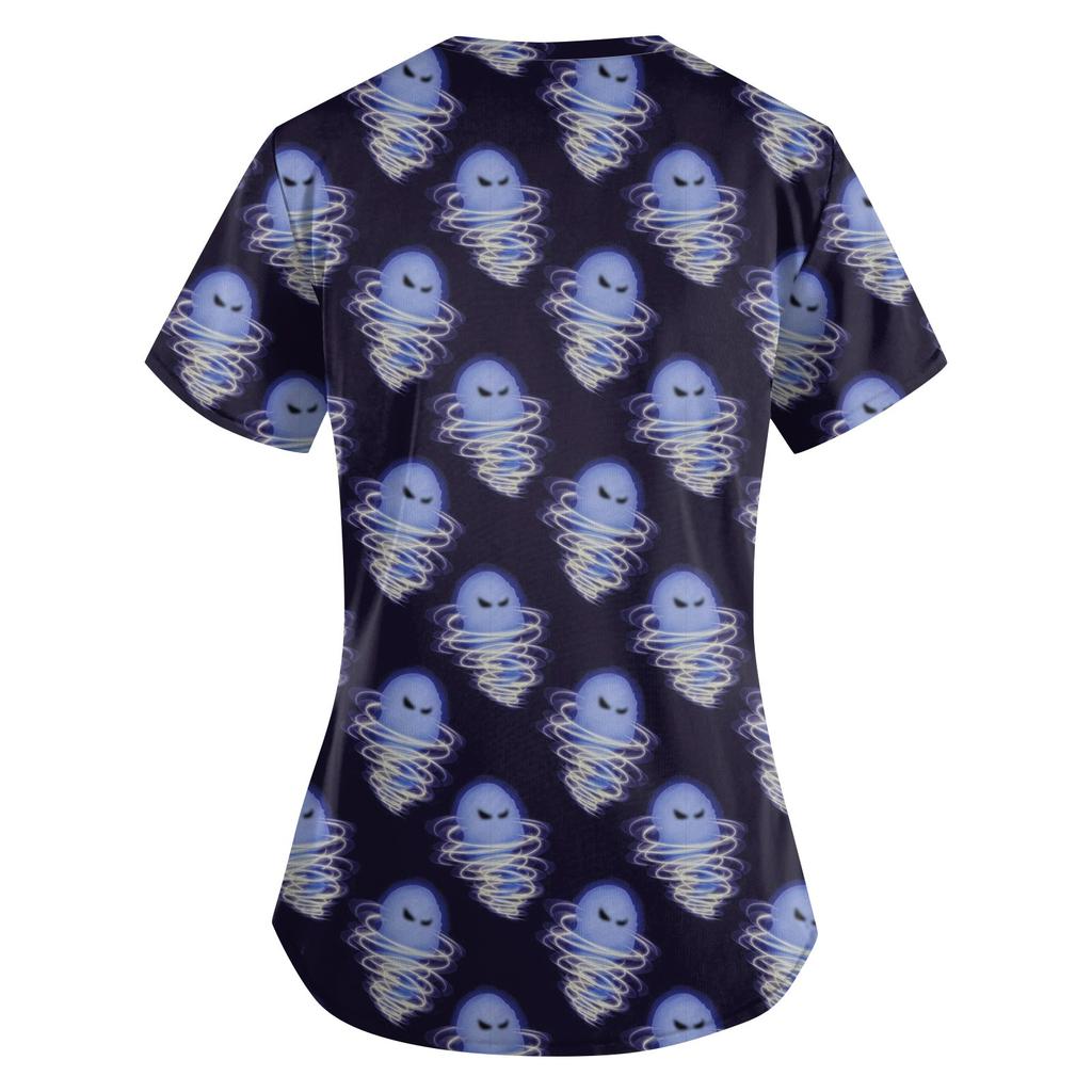 Damskie urocze ubrania do pracy z nadrukiem dekolt V podwójna warstwa kieszenie podstawowy top z krótkim rękawem wkładany Walentynki