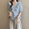 Female Lotus Leaf V-neck Plaid Shirt Light Blue Women's Short Sleeved Shirts Summer Fashion Versatile Pullover Blouses