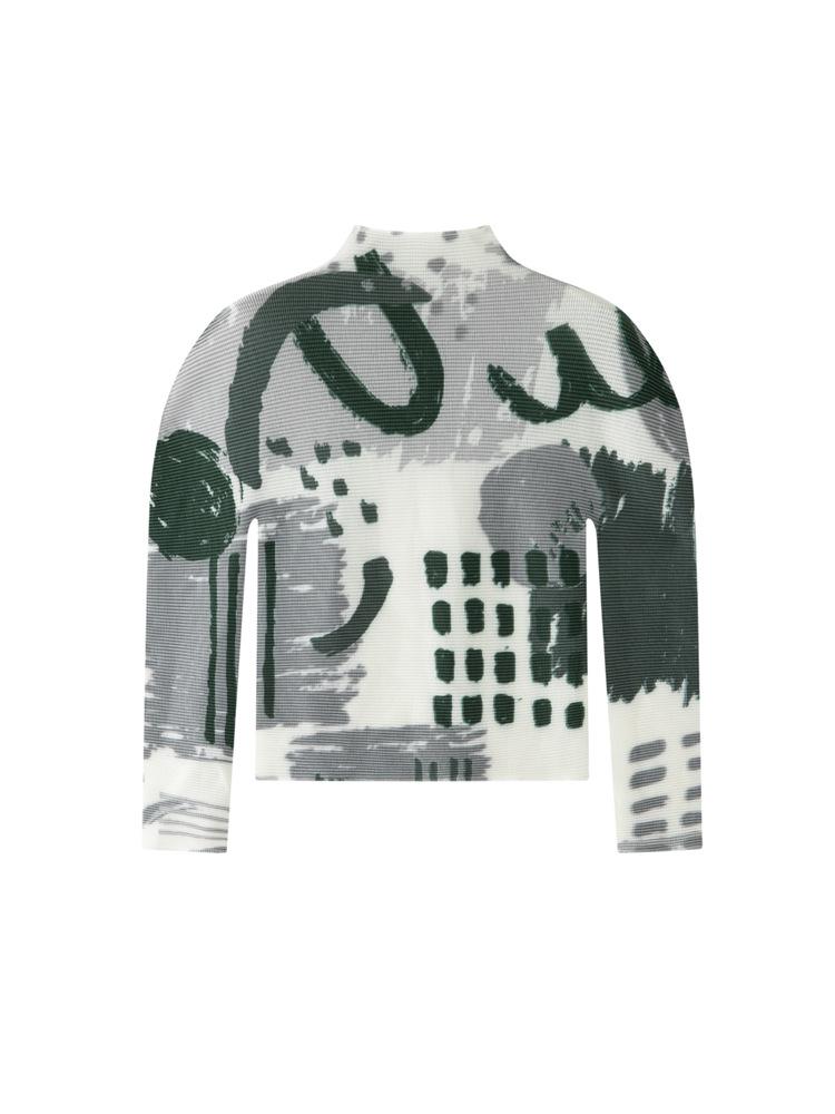 Miyake Pleats Women's High Neck Long Sleeve T-shirt - 2026 Spring/Summer Corn Kernel Abstract Print, Slim Fit.