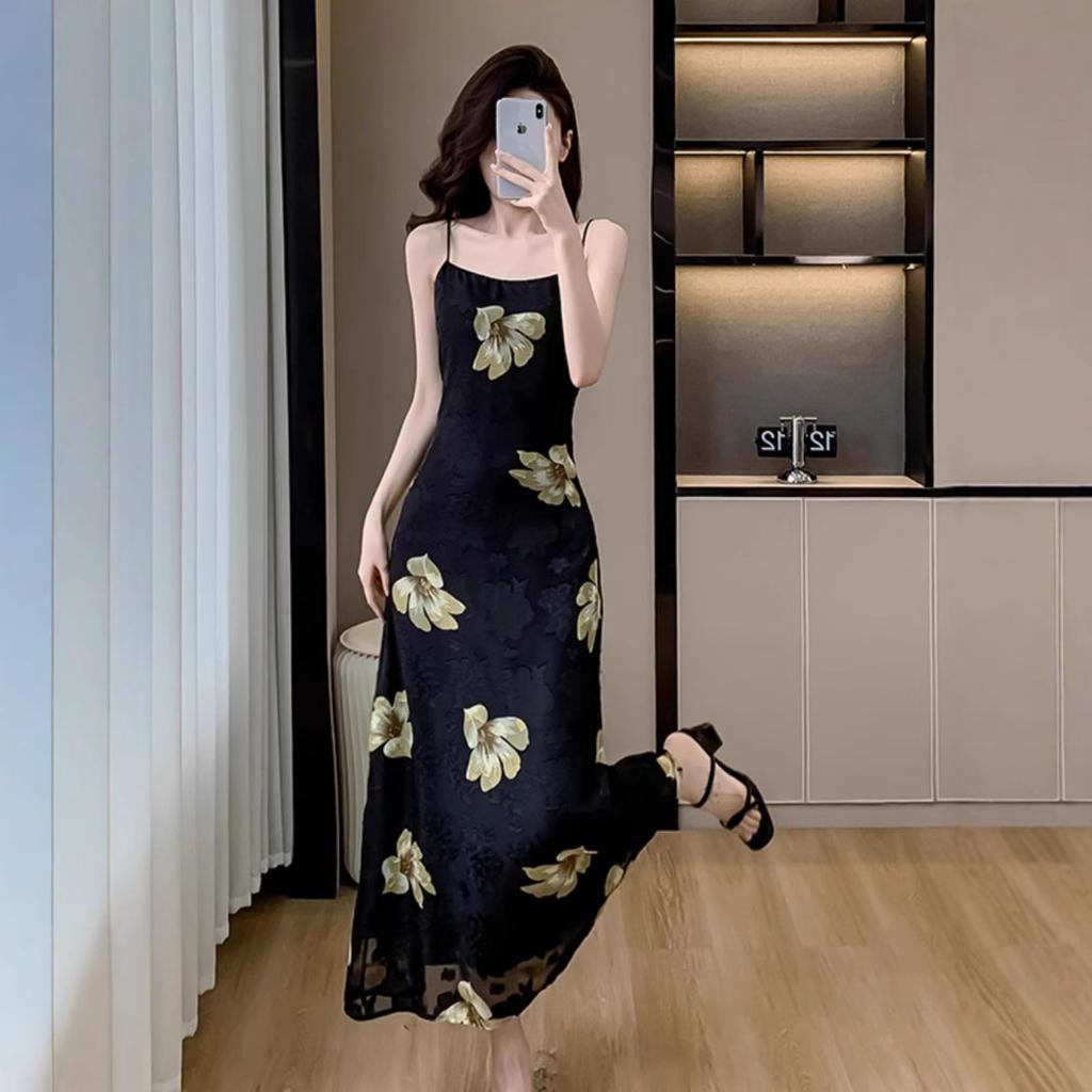 Floral skirt suspender dress chiffon skirt slim waist and thin temperament long dress female summer