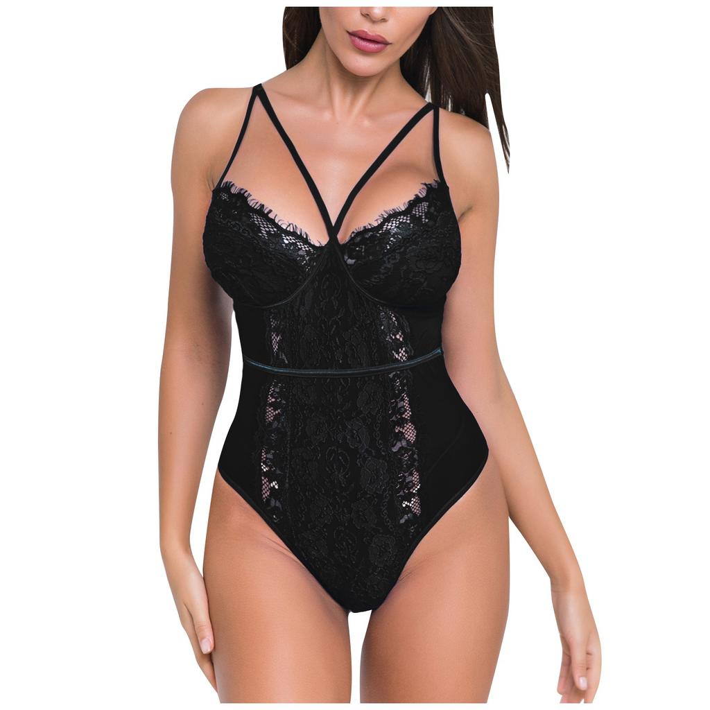 Lace Bodysuit One Piece Lingerie Strappy Adjustable Spaghetti Strap Nightwear Sheer Mesh Panel Underwire Support