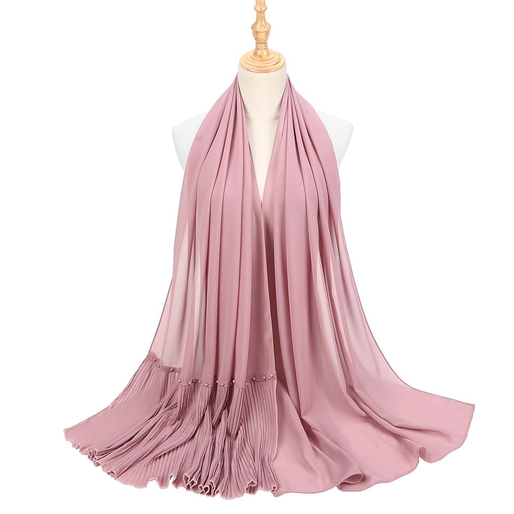 

Women s Pleated Pearl Chiffon Scarf, Elegant Beaded Hijab Shawl, 21 Colors Muslim Headscarf 70*190cm