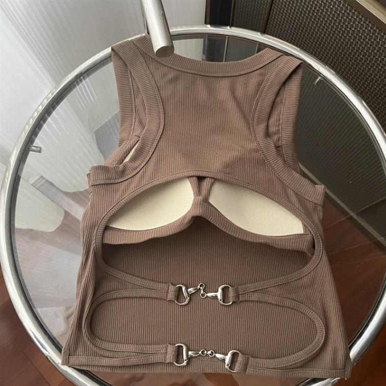 Spicy Girl Backless Camisole with Chest Pads - Round Neck Sleeveless Top for Women