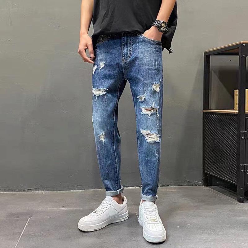 Men's Ripped Loose Fit 9-Point Korean Style Jeans