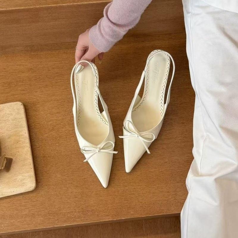 2025 Versatile Womens Sandals with Slim Heel Close Toes Elastic Band Bow Anti Slip Summer Outdoor PU Pink/beige Fashion Sandals
