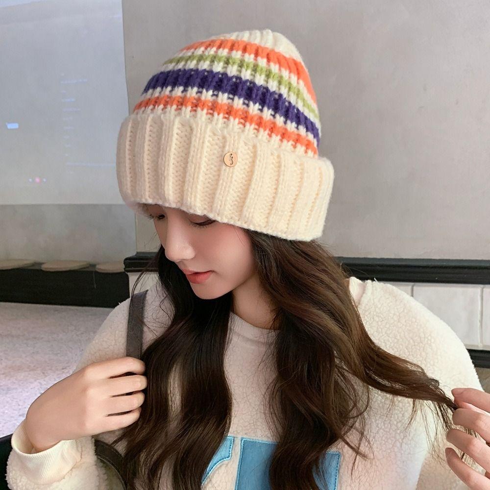 Trendy Casual Wool Hat Vintage Winter Pullover Hat Fashion Striped Knitted Hat  Outdoor