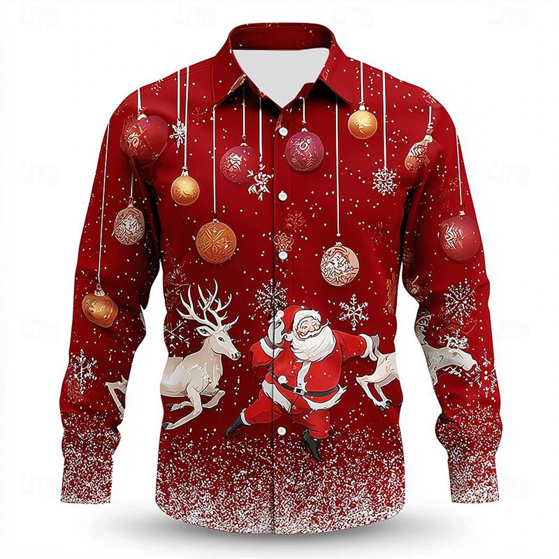 Christmas Men's Dress Shirt with Red Snowflake and Cedar Pattern, Black Lapel Bow Tie, Festive Party Style Men's Shirt