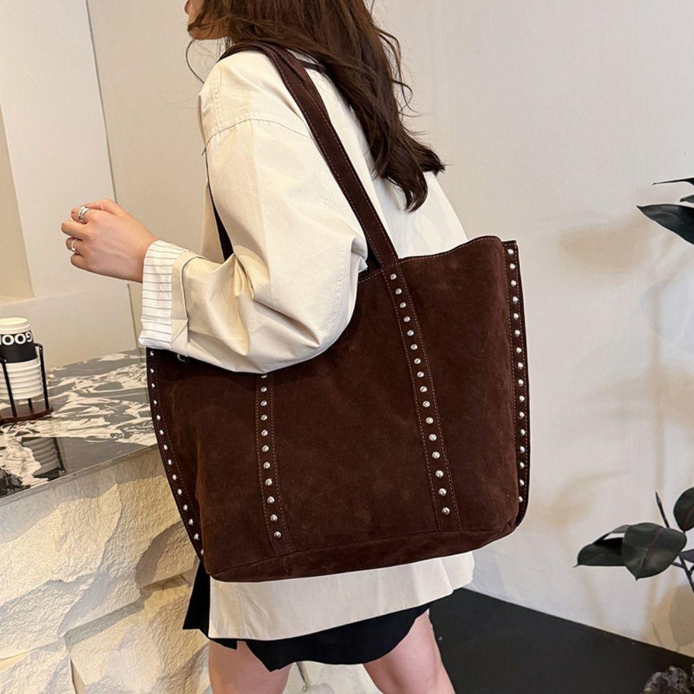 Solid Color Suede Leather Shoulder Bag PU Leather Matte PU Handbag Suede Rivet Tote Bag  Outdoor