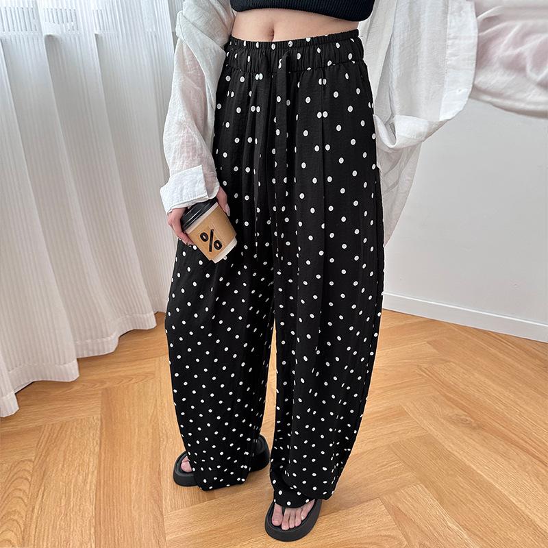 

White polka dot linen wide-leg pants women s summer thin high waist drape loose lazy casual old money cotton and linen pants S чёрный