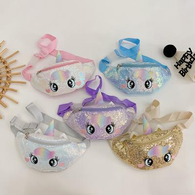 Bolsa de cintura infantil de unicórnio e princesa, bolsa bordada com lantejoulas coloridas, bolsa de peito fofa para crianças, bolsa de ombro diagonal com desenho animado