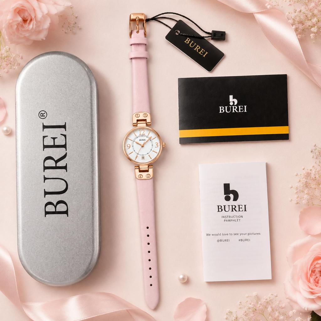 BUREI Japanese Quartz Simple and Leather Gift Women's Watch, Movement, Stylish, Strap, (Pink)