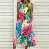 Plus Size Women Sleeveless Round Neck Dress Vivid Tropical Plant Printed Flowy Mid Calf Gown