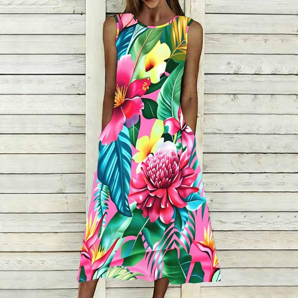 Plus Size Women Sleeveless Round Neck Dress Vivid Tropical Plant Printed Flowy Mid Calf Gown