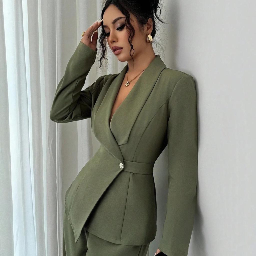 Spring and Autumn Fashion Temperament Casual Suit Women's Solid Color V-Neck Suit Wide Leg Pants Two-piece Set
