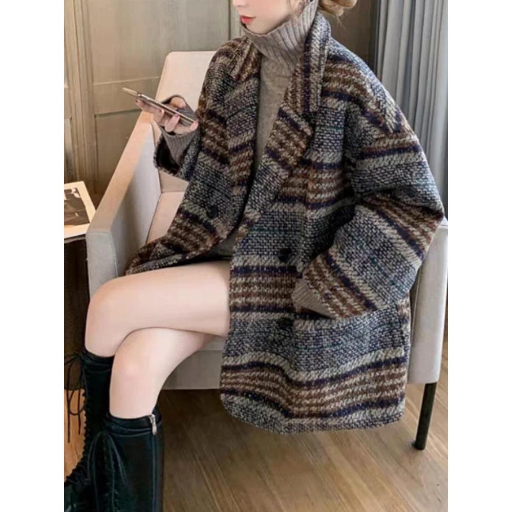 Cappotti di Lana a Manica Lunga da Donna Scozzesi Autunno Inverno Giacca da Abito Ispessita Monopetto Soprabito di Lana Mid-length