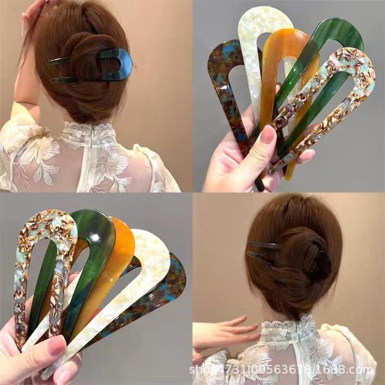 Korean U-Shaped Acetate Hairpin for Buns - Modern Style Clip