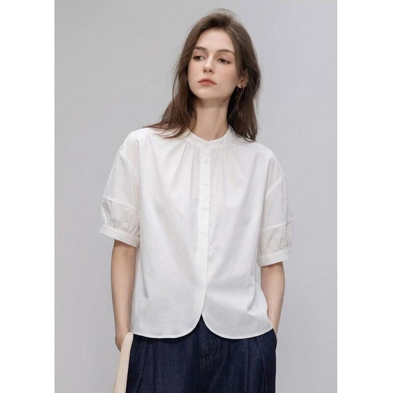 Demana French Retro Solid Round Neck Puff Sleeve Shirt L