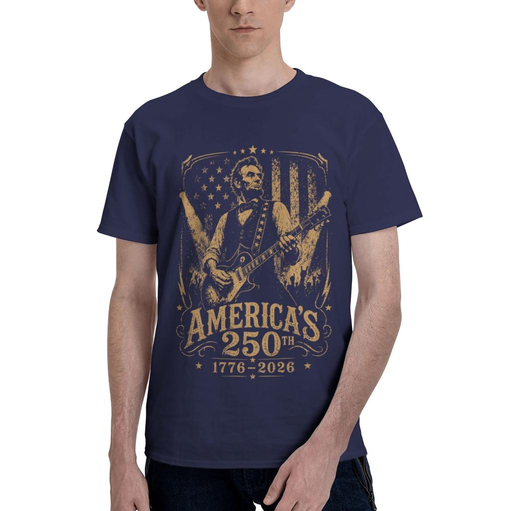 Custom Abraham Lincolns Playing Guitar For Unisex Pure Cotton Tshirt Leisure Tees Short Sleeve 4th July 250th Anniversary Tshirts