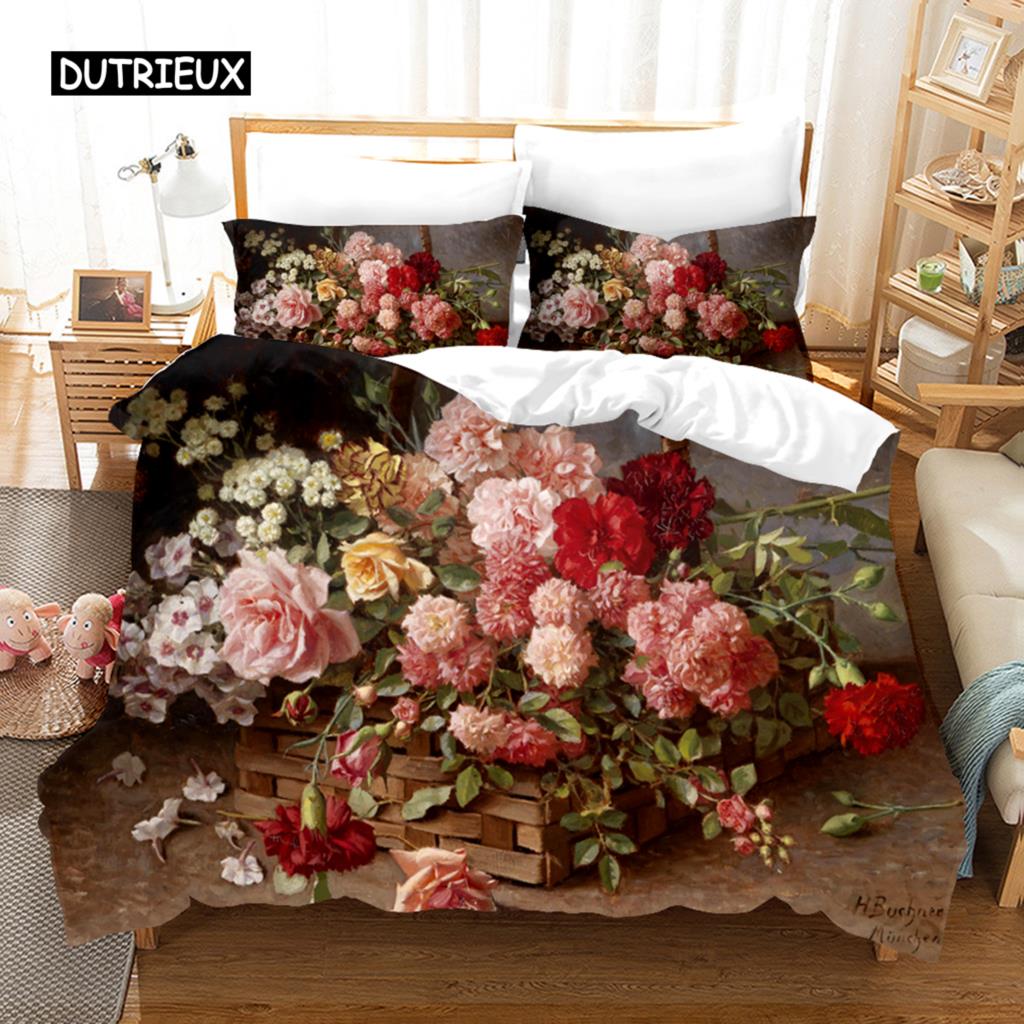 

Картина маслом Цветы Цифровая печать Комплекты постельного белья для взрослых Постельное белье Одеяло Арт Пододеяльник Комплект Односпальный Размер King Queen Size 140x200cm 3pcs