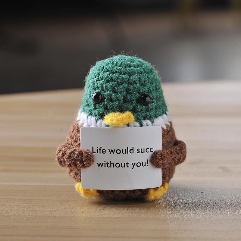 New Positive Energy Goose Hug Pocket Mini Handmade Plush Wool Knitting Doll with Card Funny Christams Gift Home Room Decoration