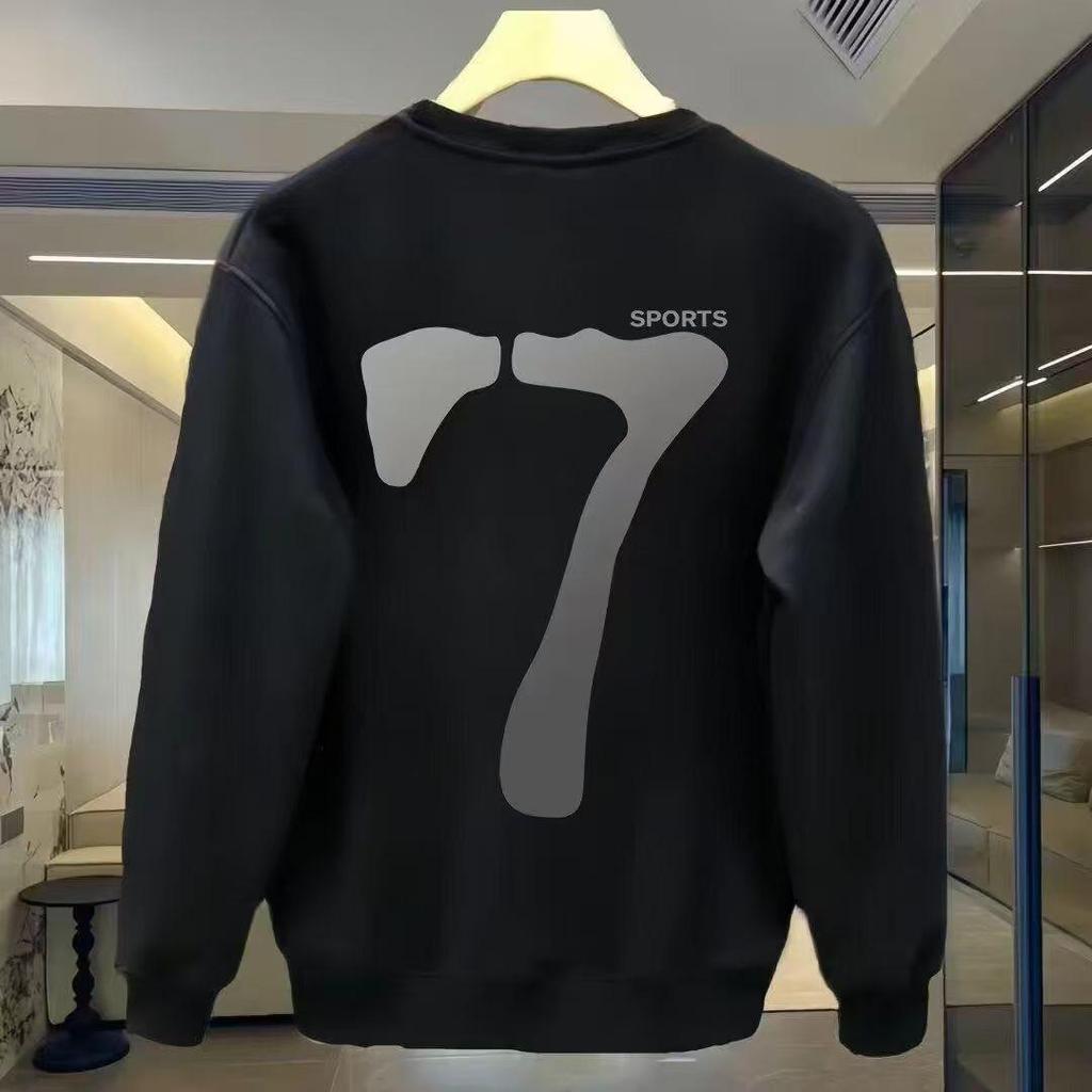 Herren Schweres Baumwoll-Sweatshirt - Koreanischer Stil, Langärmlig, Rundhalsausschnitt, Persönlichkeitszahl 7, Perfekt für Herbst und Winter