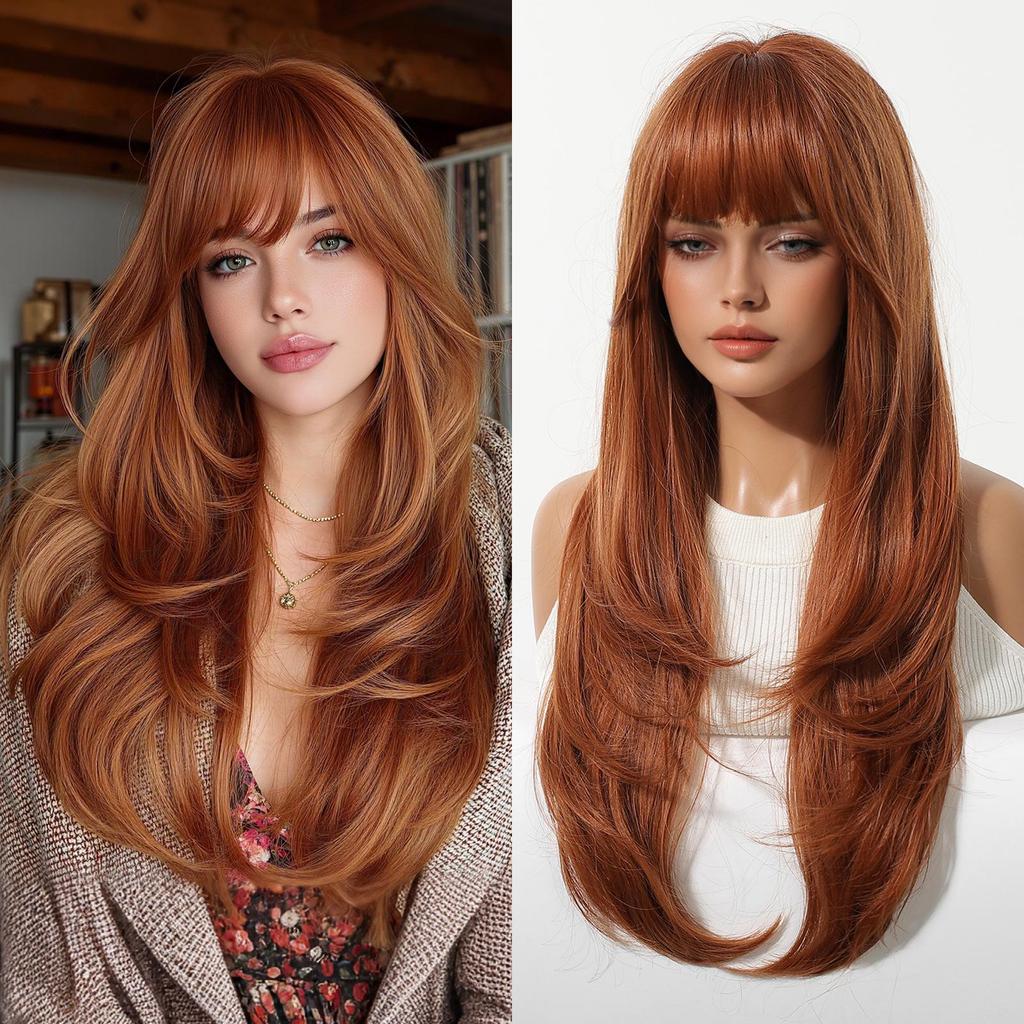 Gradient Brown European Wig for Women - Long Straight Hair with Natural Layers and Volume, Straight Bangs, Full Head Cover for Cosplay, In Stock.