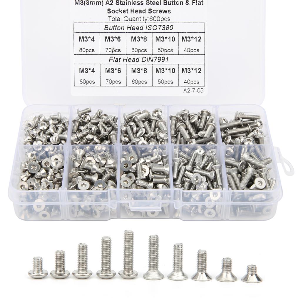 600Pcs Hex Screw Set 304 Stainless Steel PanFlat Head Boxed Hardware Accessories