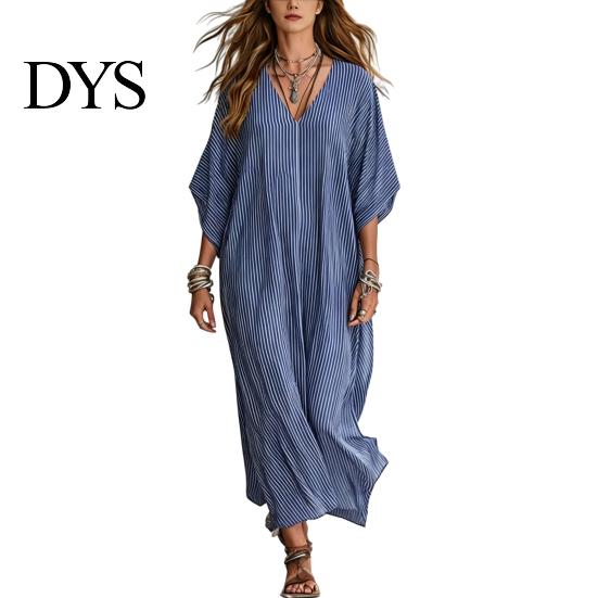 Breathable Beach Dress Women V-Neck Striped Dress, Summer Half Sleeve Casual Ankle Daily Length Loose Swing for Vacation Wear Soft
