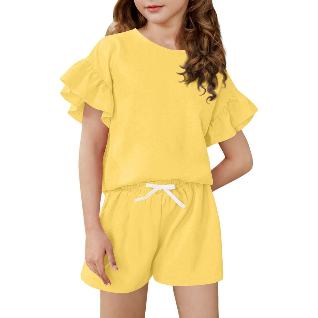 Girls' Summer Outfit Ruffle Sleeve Top And Shorts Clothing Set Lightweight Casual Two Piece
