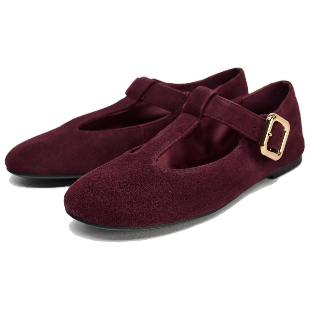 Zara Fashion Suede Buckle Decor Round Toe Casual Flats Women Flats Crimson 13504510-38