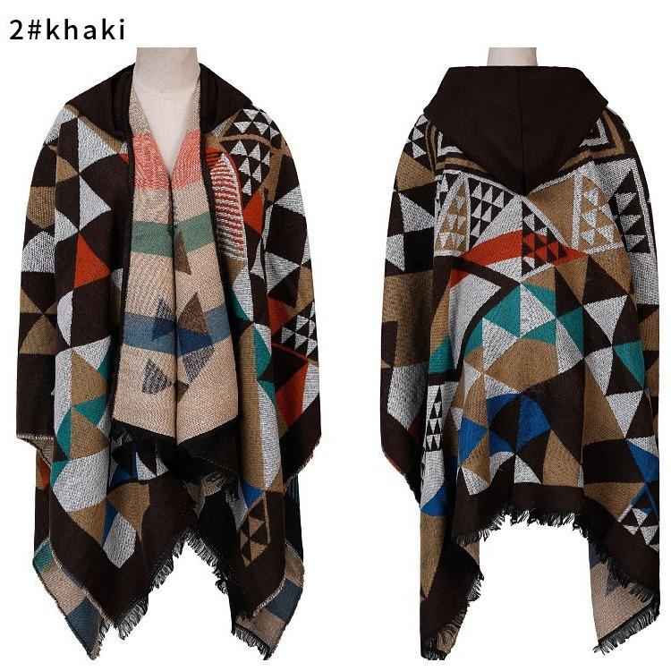 Hooded Cape Shawl Women'S Plaid Winter Warm Knitted Shawl Scarf Shawl Dual-Purpose