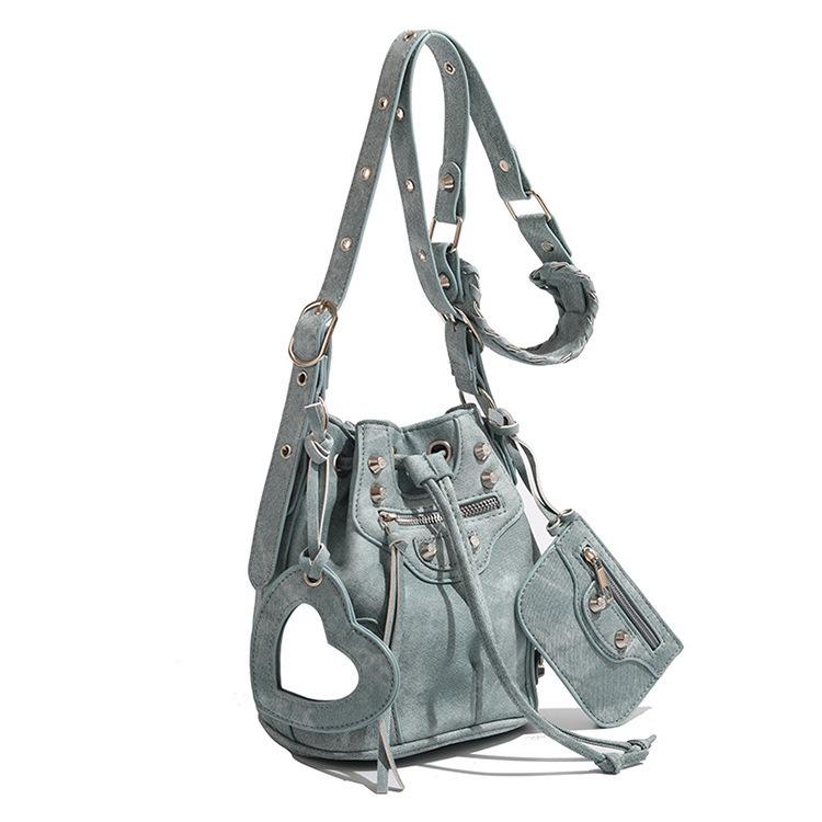 Women's Versatile Drawstring Studded Bucket Bag - High-End Casual Single Shoulder & Crossbody