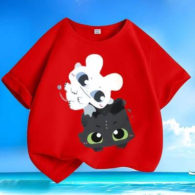 T-shirt Estiva Nuova con Stampa Dragon Trainer per Bambini, Stile Girocollo, Vestibilità Larga, Traspirante