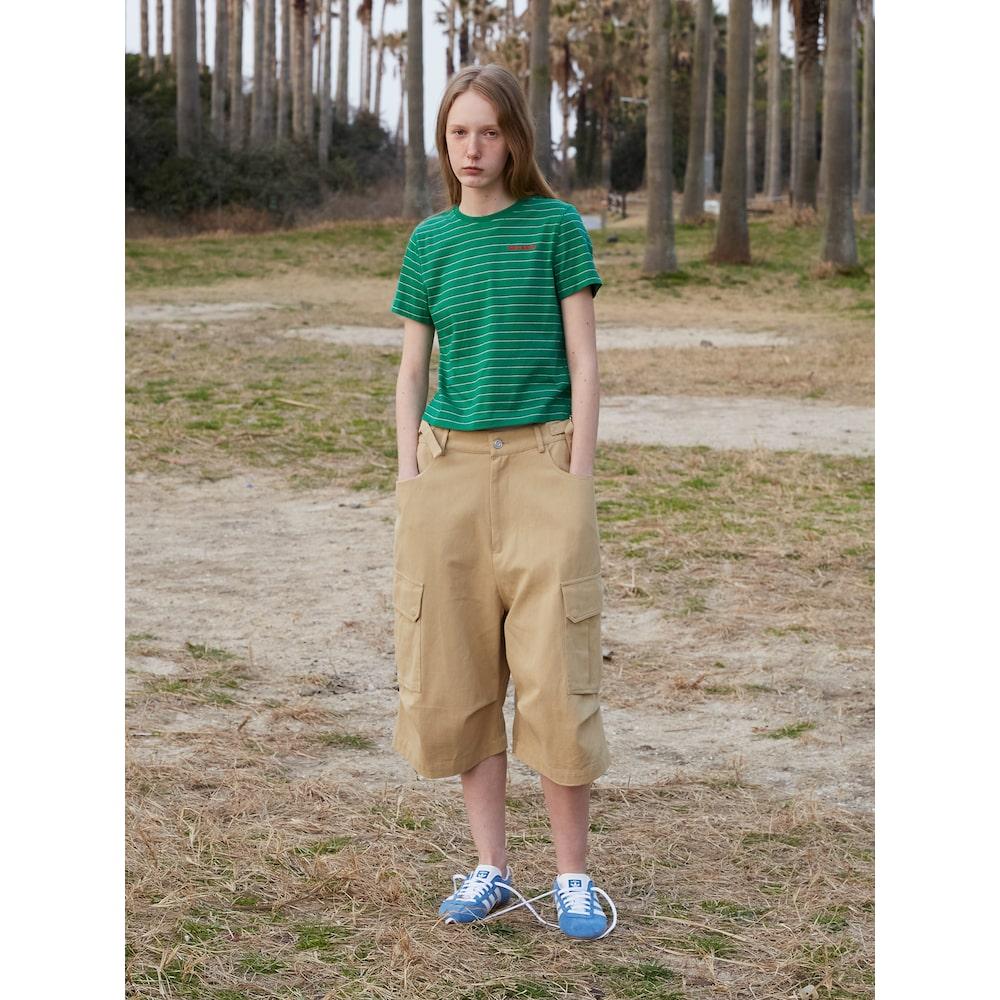 Saendeusaundeu (Women) Crop Striped Short Sleeve T-Shirt Green