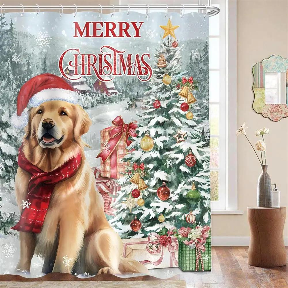 Retro olejomalba Vánoční sprchové závěsy Santa Claus Garland Xmas Tree Vintage krb Novoroční dekorace Sada koupelnových závěsů