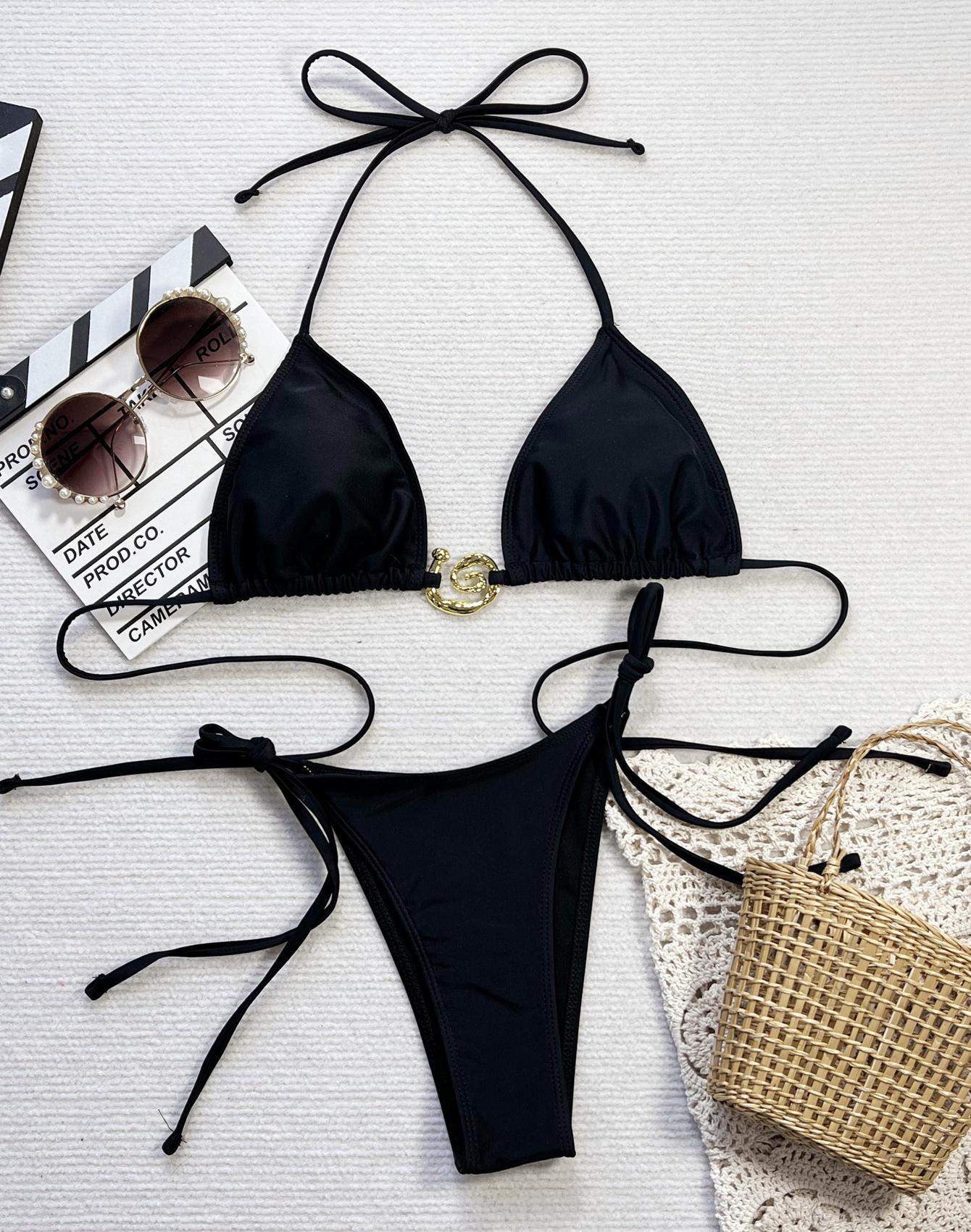 

Женский купальник черный халтер шея треугольная сумка сзади завязывается сзади бикини костюм пляжная одежда купальные костюмы L чёрный
