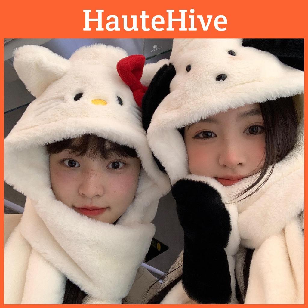 Cartoon Hooded Cute Plush Scarf And Gloves Set For Winter Warmth Protection Wind