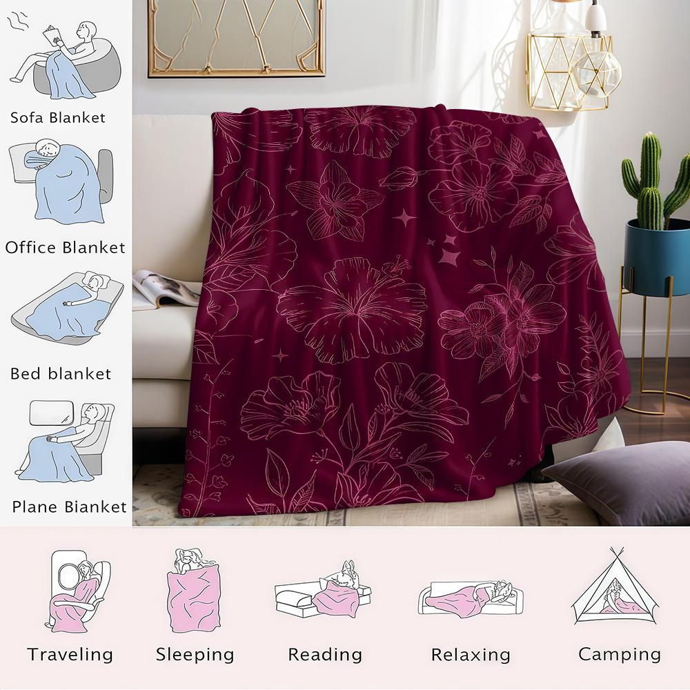Couverture en Flanelle Étoiles Florales Bordeaux Chaude Douce Halloween Noël Canapé Chaleureux Confortable Décoratif Cadeau pour Toutes les Saisons