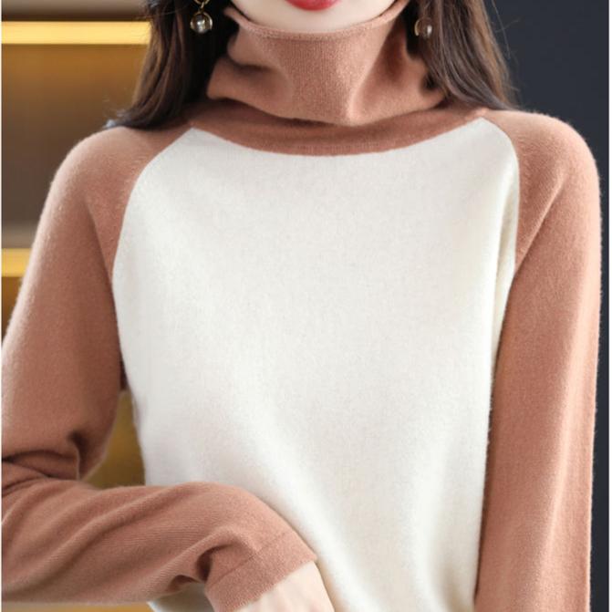 Autumn Women's Knitted Sweater Thin Long Sleeve Turtleneck Loose Knitted Bottom Shirt  Pullover Color-blocked Knit Top