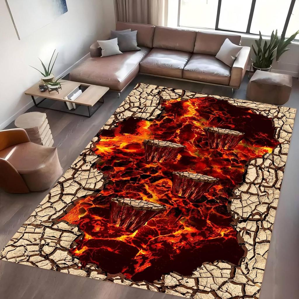 Lava Floor 3D Illusion Area Rug – Cracked Earth Wooden Bridge Themed Carpet – Bold Fire Lava Pattern for Game Room Bedroom