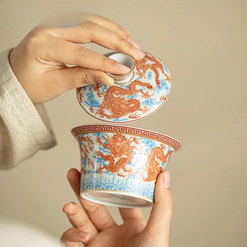 Handmade Jingdezhen Horseshoe Cover Bowl Alum Red Blue And White Teacup Chinese Dragon Tea Tureen Brewing Gaiwan Kung Fu Teaware