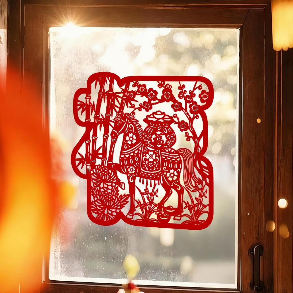 Horse Blessing Design Window Flowers Stickers Removable Flocking New Year Stickers Hollowed-out Thickened Wall Stickers