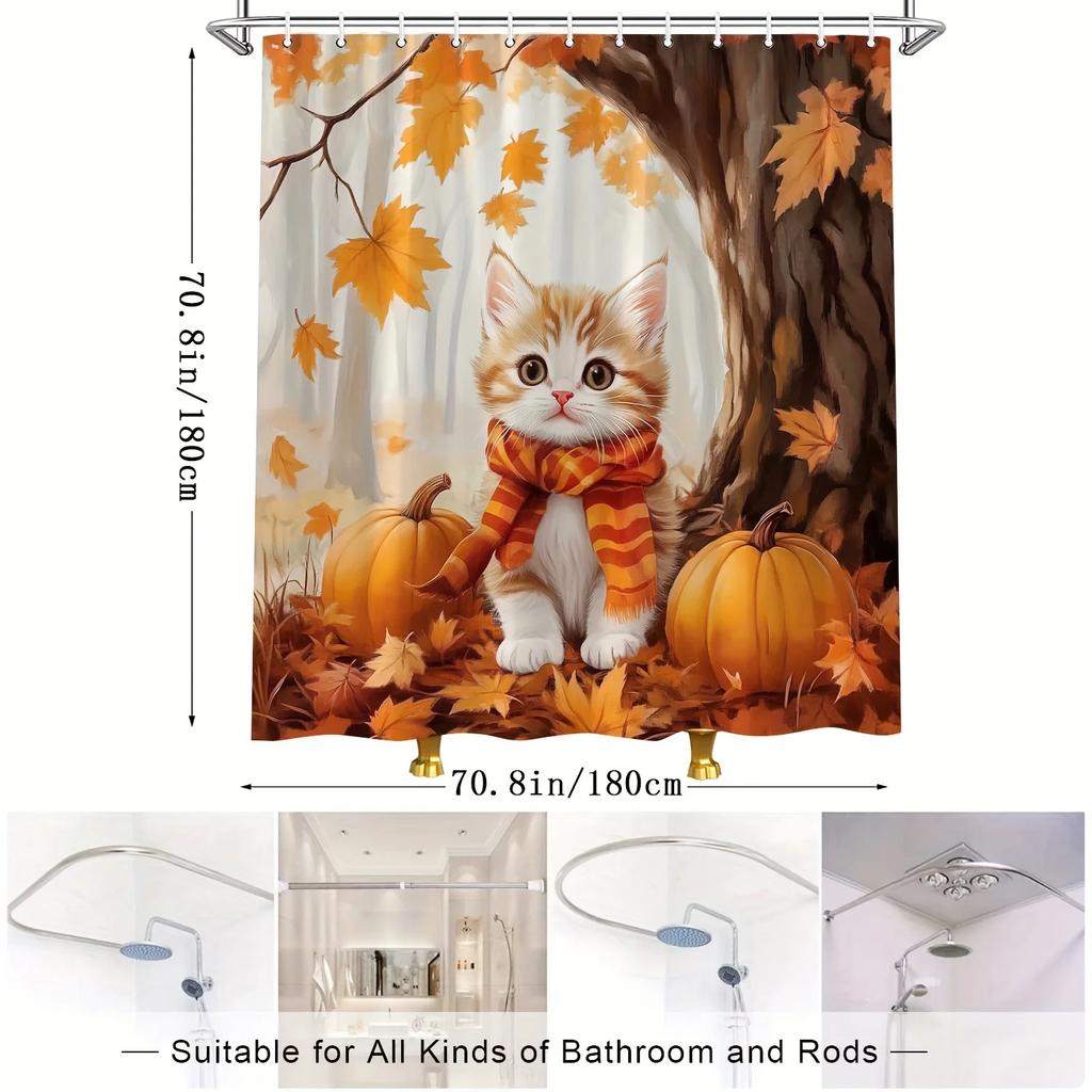 Autumn Cat Shower Curtain - Maple Tree & Pumpkin, Forest Landscape, Polyester, 12 Hooks, Bathroom Decor